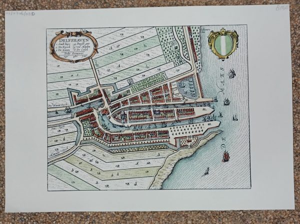 Historische prent Delfshaven met de hand ingekleurd 35 x 25 cm