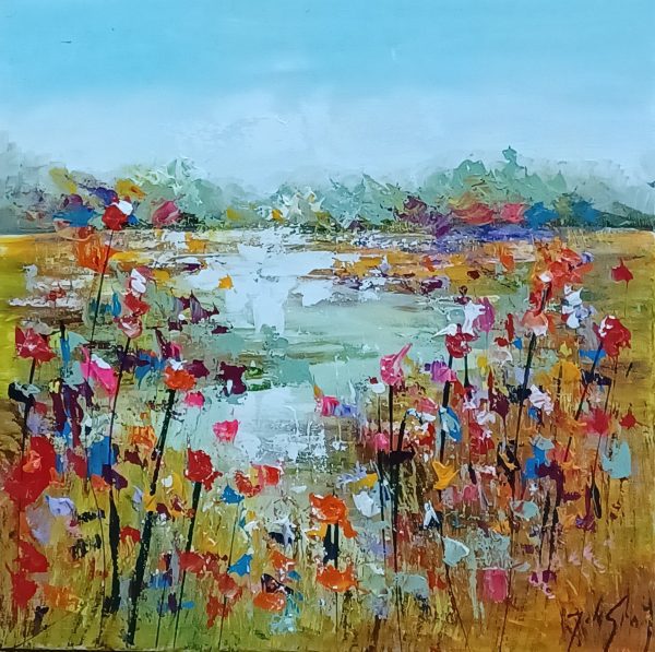 schilderij Jochem de Graaf - Veldboeket  aan vijver 50 x 50 cm