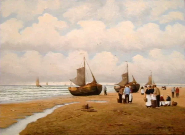 schilderij Noud van den Hurk - Zeelandschap / Vissers 70 x 50 cm