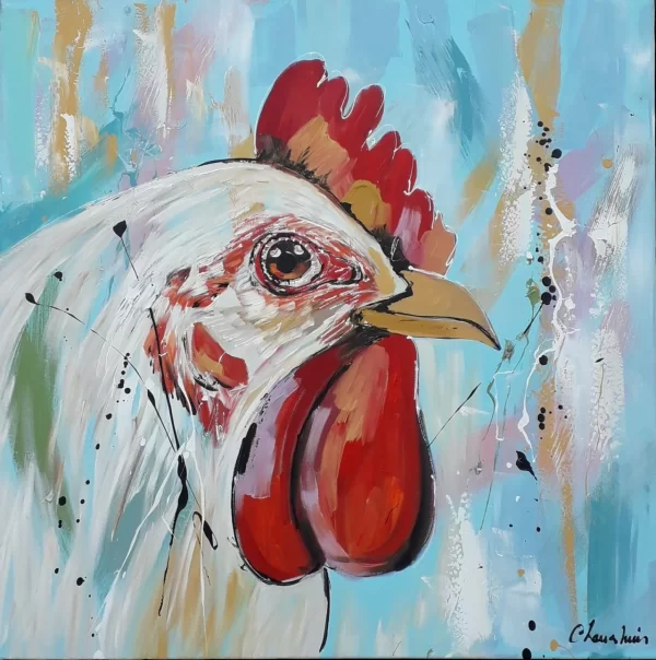 schilderij Corrie Leushuis - haan 100 x 100 cm