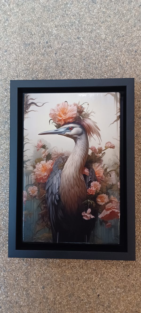 Laqueprint Kraanvogel met roze bloemen snavel links 19.5 x 30 cm - Afbeelding 5