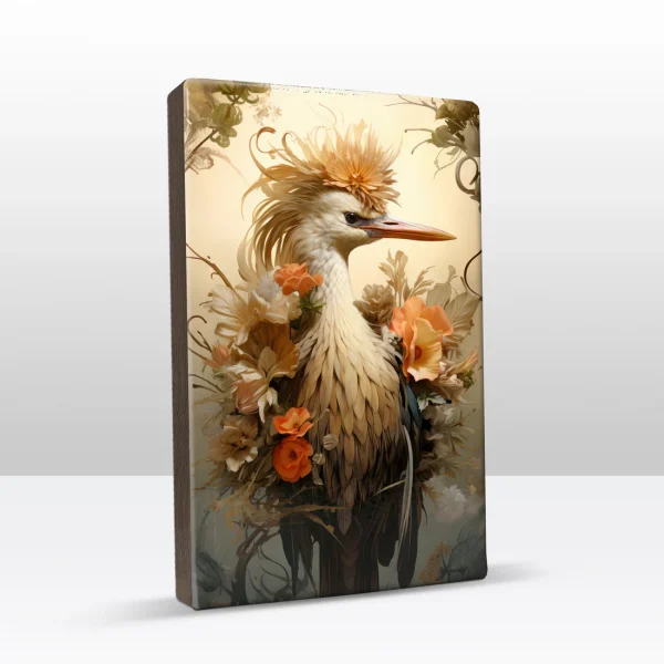 Laqueprint - Kraanvogel met oranje bloemen snavel rechts 19.5 x 30 cm - Afbeelding 2