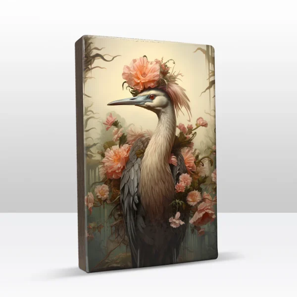 Laqueprint Kraanvogel met roze bloemen snavel links 19.5 x 30 cm - Afbeelding 4