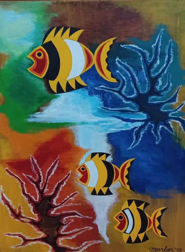 schilderij Marlies van Wezel - vissen in de grote zee 60 x 80 cm